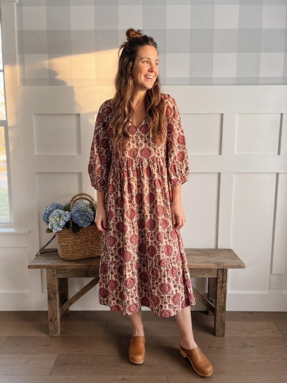 Matta Floral Medallion Maxi Dress in Dusty Rose and Cream XL